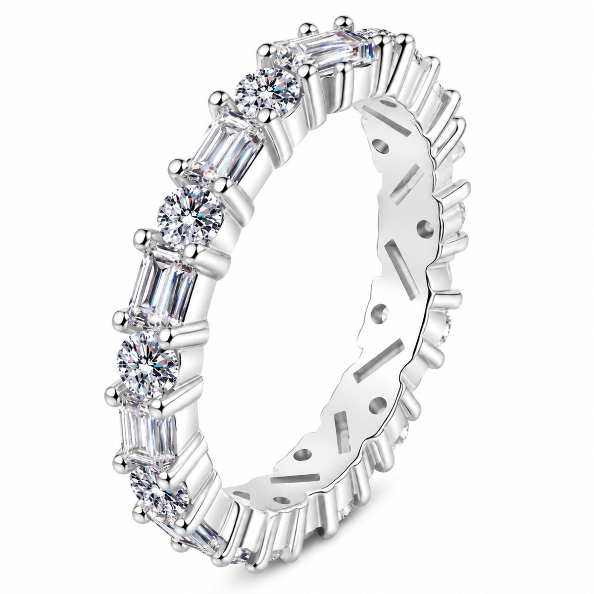 Emerald and Round Moissanite Band Ring in rhodium-plated S925 sterling silver on clean white background