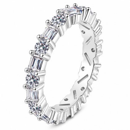 Emerald and Round Moissanite Band Ring in rhodium-plated S925 sterling silver on clean white background
