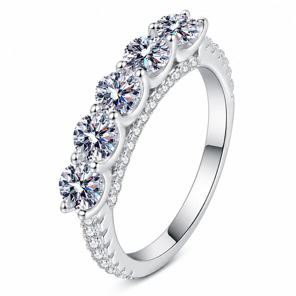 Round Moissanite Ring with CZ in rhodium-plated S925 sterling silver on clean white background