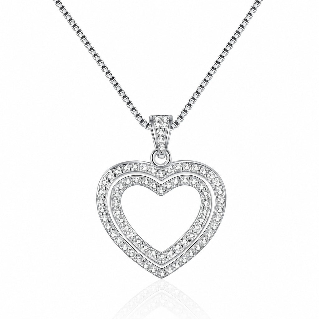 Open Heart Moissanite Pendant Necklace in Rhodium-Plated S925 sterling silver white background product photo showing open heart pendant traced with tiny round moissanite stones
