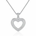Open Heart Moissanite Pendant Necklace in Rhodium-Plated S925 sterling silver white background product photo showing open heart pendant traced with tiny round moissanite stones