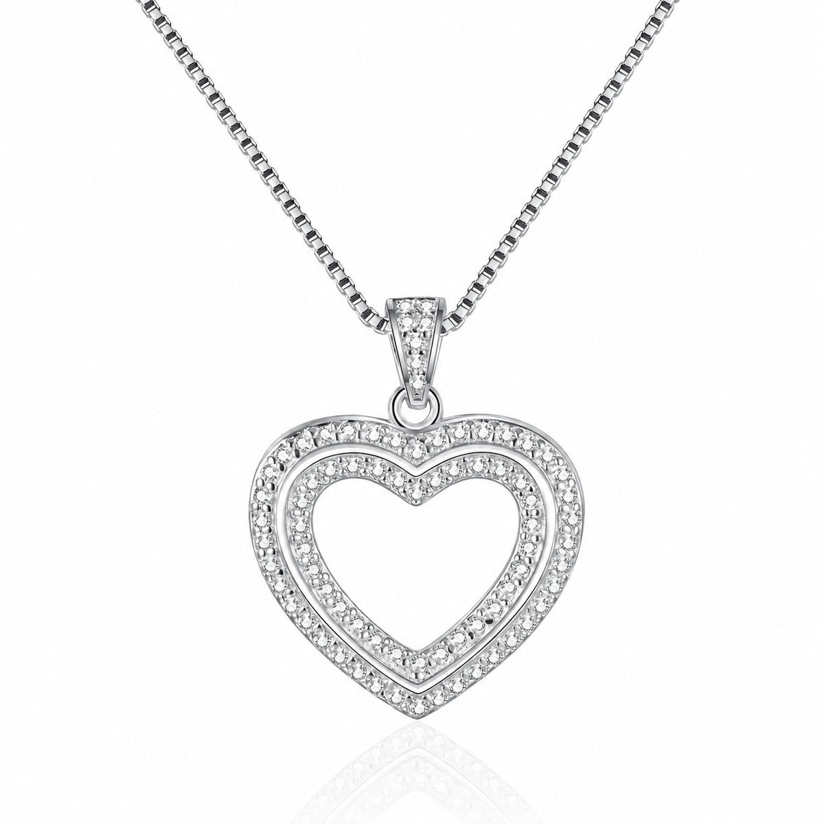 Open Heart Moissanite Pendant Necklace in Rhodium-Plated S925 sterling silver white background product photo showing open heart pendant traced with tiny round moissanite stones