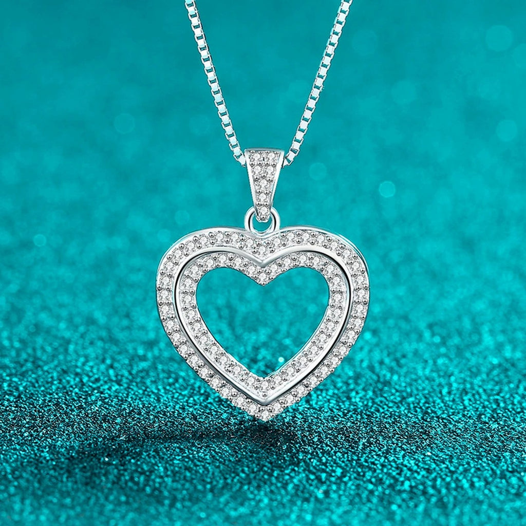 Open Heart Moissanite Pendant Necklace in Rhodium-Plated S925 sterling silver angled product detail view