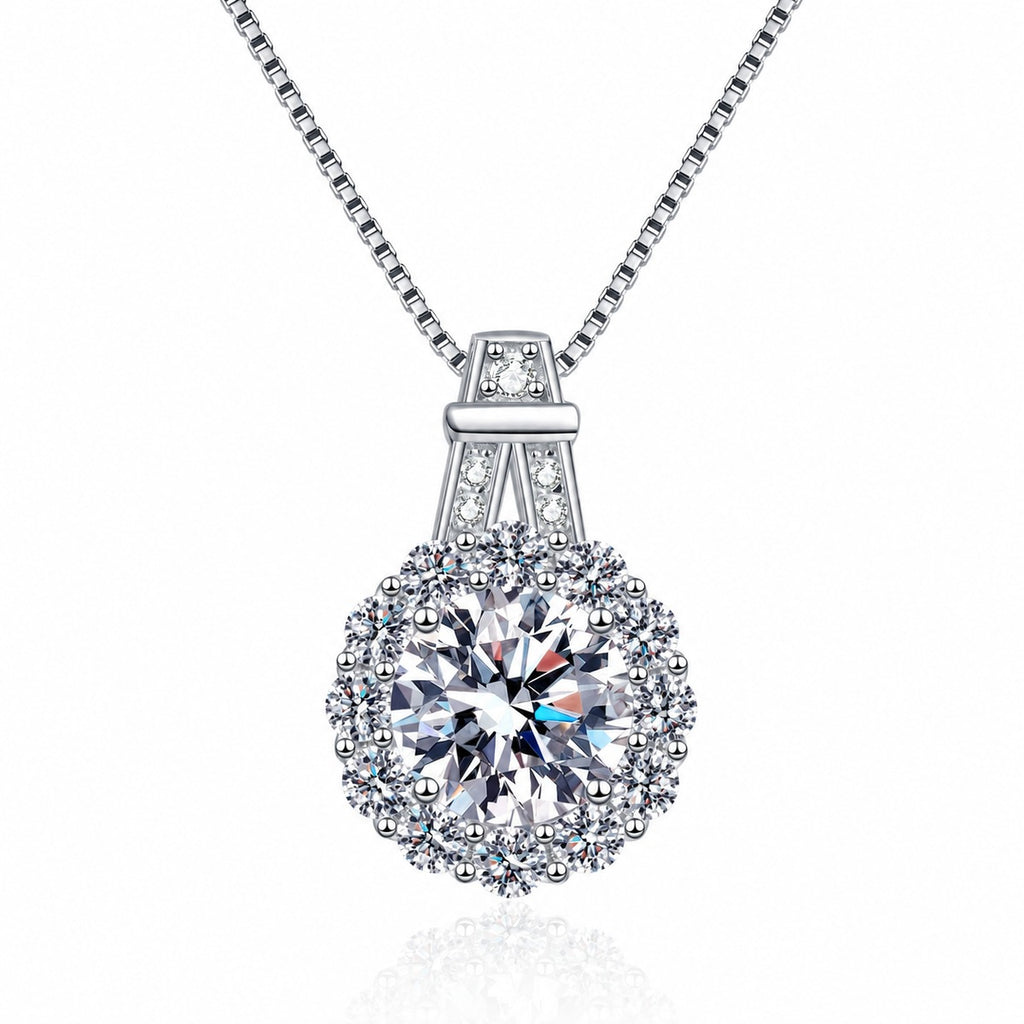 Sunflower Halo Moissanite Pendant Necklace with CZ in Rhodium-Plated S925 sterling silver white background product photo showing sunflower halo pendant with a large round moissanite center and CZ petals