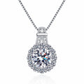 Sunflower Halo Moissanite Pendant Necklace with CZ in Rhodium-Plated S925 sterling silver white background product photo showing sunflower halo pendant with a large round moissanite center and CZ petals