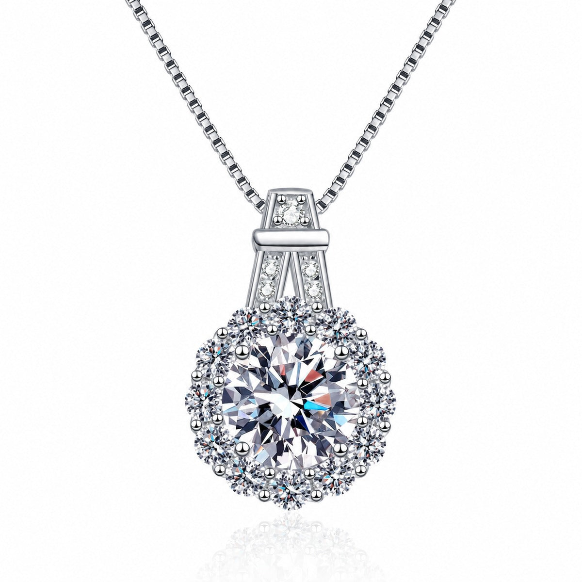 Sunflower Halo Moissanite Pendant Necklace with CZ in Rhodium-Plated S925 sterling silver white background product photo showing sunflower halo pendant with a large round moissanite center and CZ petals