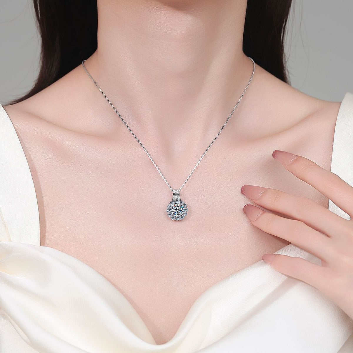 Sunflower Halo Moissanite Pendant Necklace with CZ in Rhodium-Plated S925 sterling silver neckline model view showing pendant scale and adjustable chain