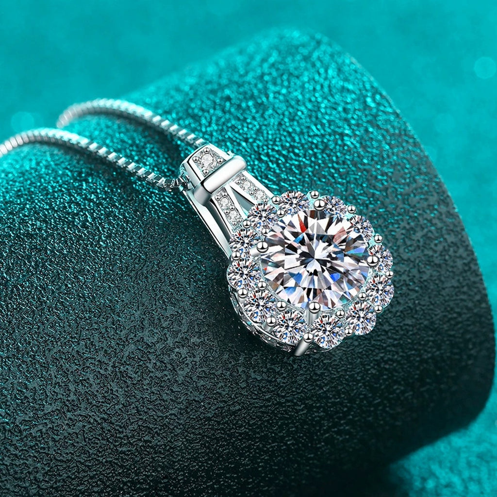 Sunflower Halo Moissanite Pendant Necklace with CZ in Rhodium-Plated S925 sterling silver close-up product scene showing pendant setting