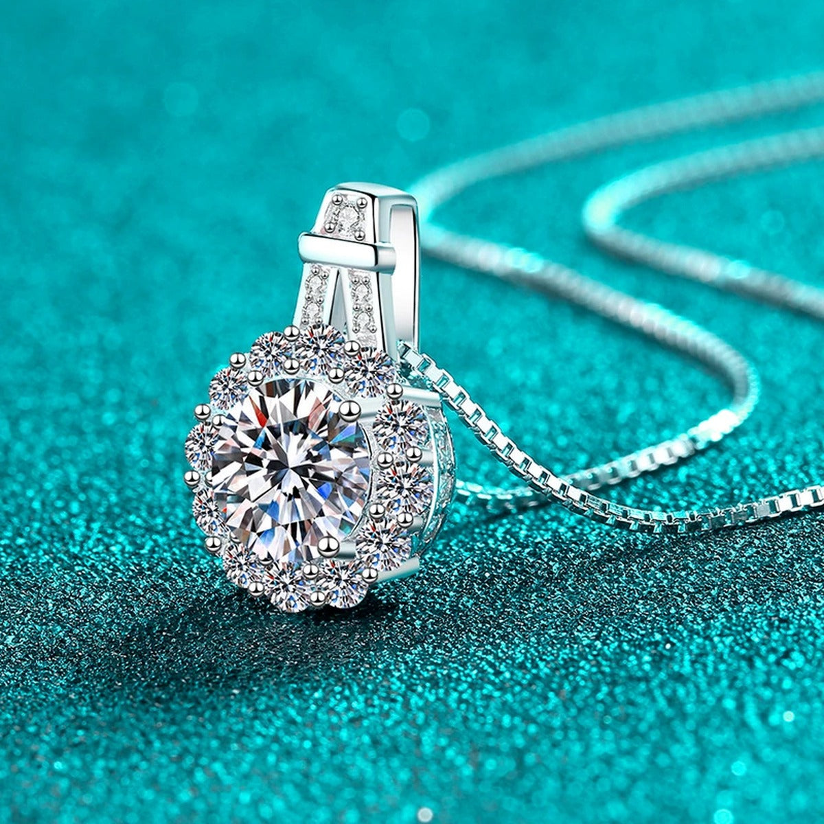 Sunflower Halo Moissanite Pendant Necklace with CZ in Rhodium-Plated S925 sterling silver blue display scene showing chain and stone layout