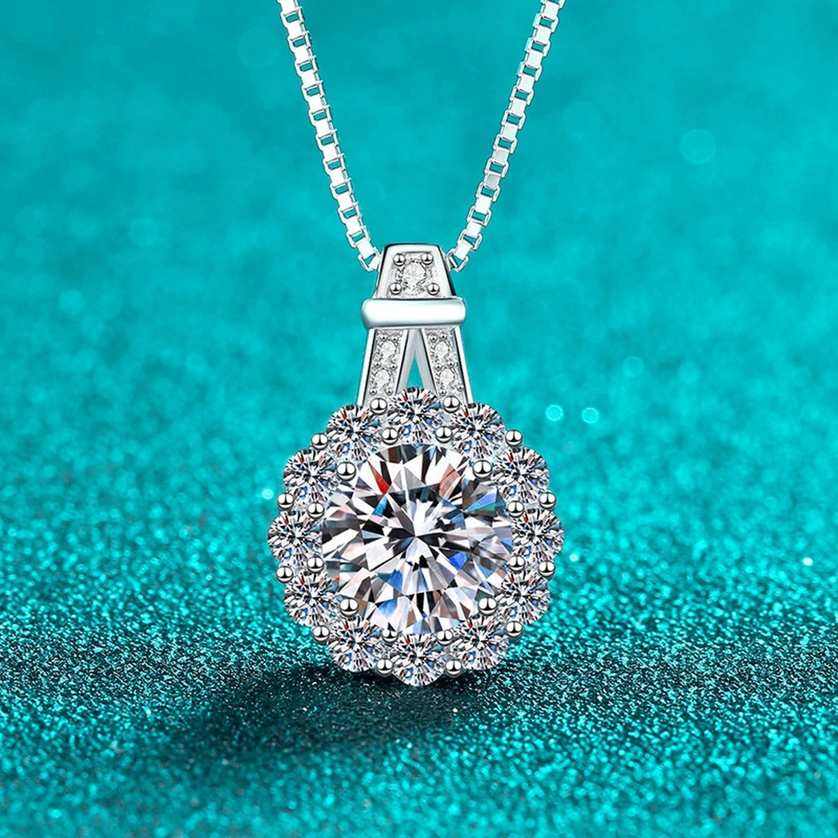 Sunflower Halo Moissanite Pendant Necklace with CZ in Rhodium-Plated S925 sterling silver angled product detail view