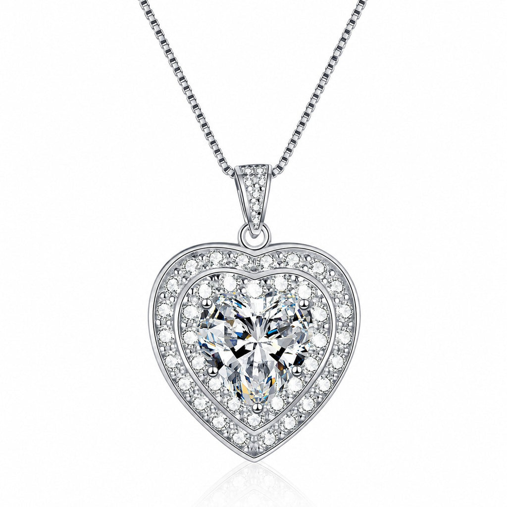 Heart Halo Moissanite Pendant Necklace with CZ in Rhodium-Plated S925 sterling silver white background product photo showing heart cut moissanite pendant framed by a CZ halo