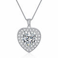Heart Halo Moissanite Pendant Necklace with CZ in Rhodium-Plated S925 sterling silver white background product photo showing heart cut moissanite pendant framed by a CZ halo