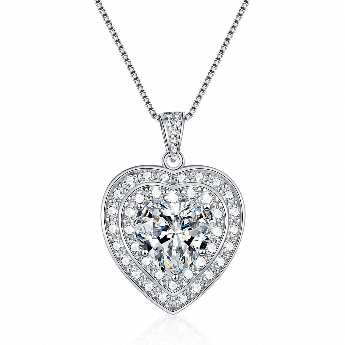 Heart Halo Moissanite Pendant Necklace with CZ in Rhodium-Plated S925 sterling silver white background product photo showing heart cut moissanite pendant framed by a CZ halo