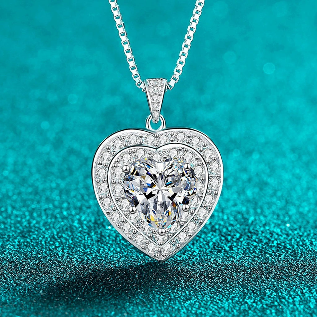 Heart Halo Moissanite Pendant Necklace with CZ in Rhodium-Plated S925 sterling silver close-up product scene showing pendant setting
