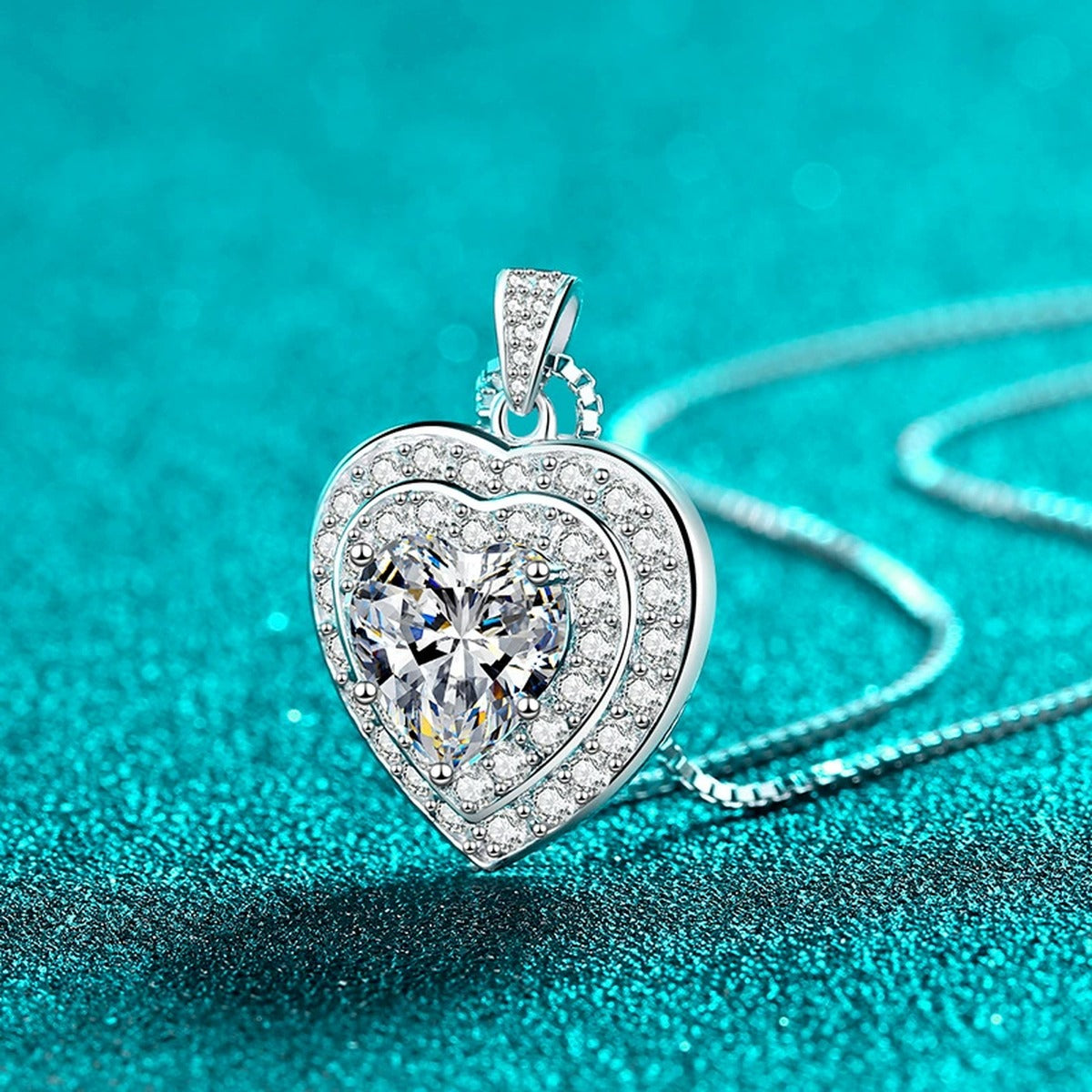 Heart Halo Moissanite Pendant Necklace with CZ in Rhodium-Plated S925 sterling silver angled product detail view