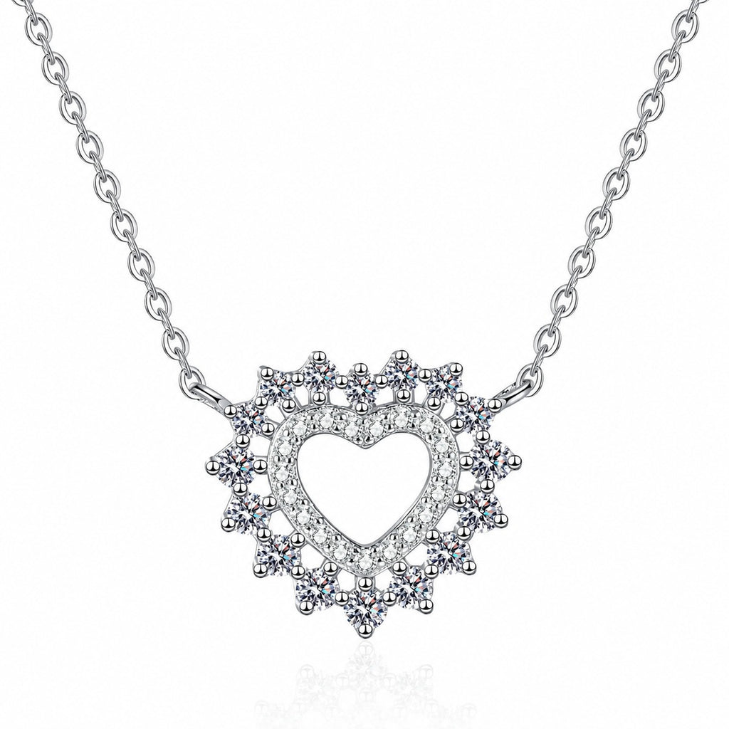 Heart Moissanite Pendant Necklace in Rhodium-Plated S925 sterling silver white background product photo showing heart pendant formed with tiny round moissanite stones