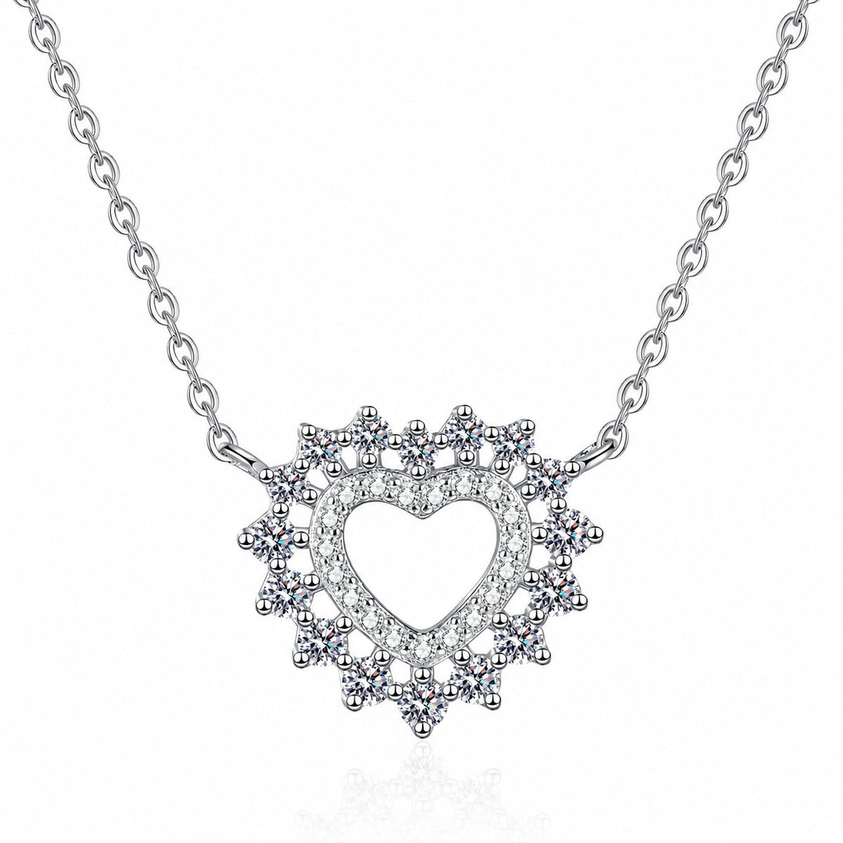 Heart Moissanite Pendant Necklace in Rhodium-Plated S925 sterling silver white background product photo showing heart pendant formed with tiny round moissanite stones