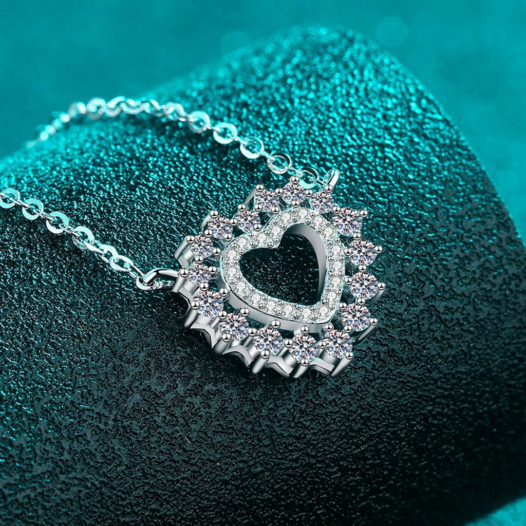 Heart Moissanite Pendant Necklace in Rhodium-Plated S925 sterling silver close-up product scene showing pendant setting