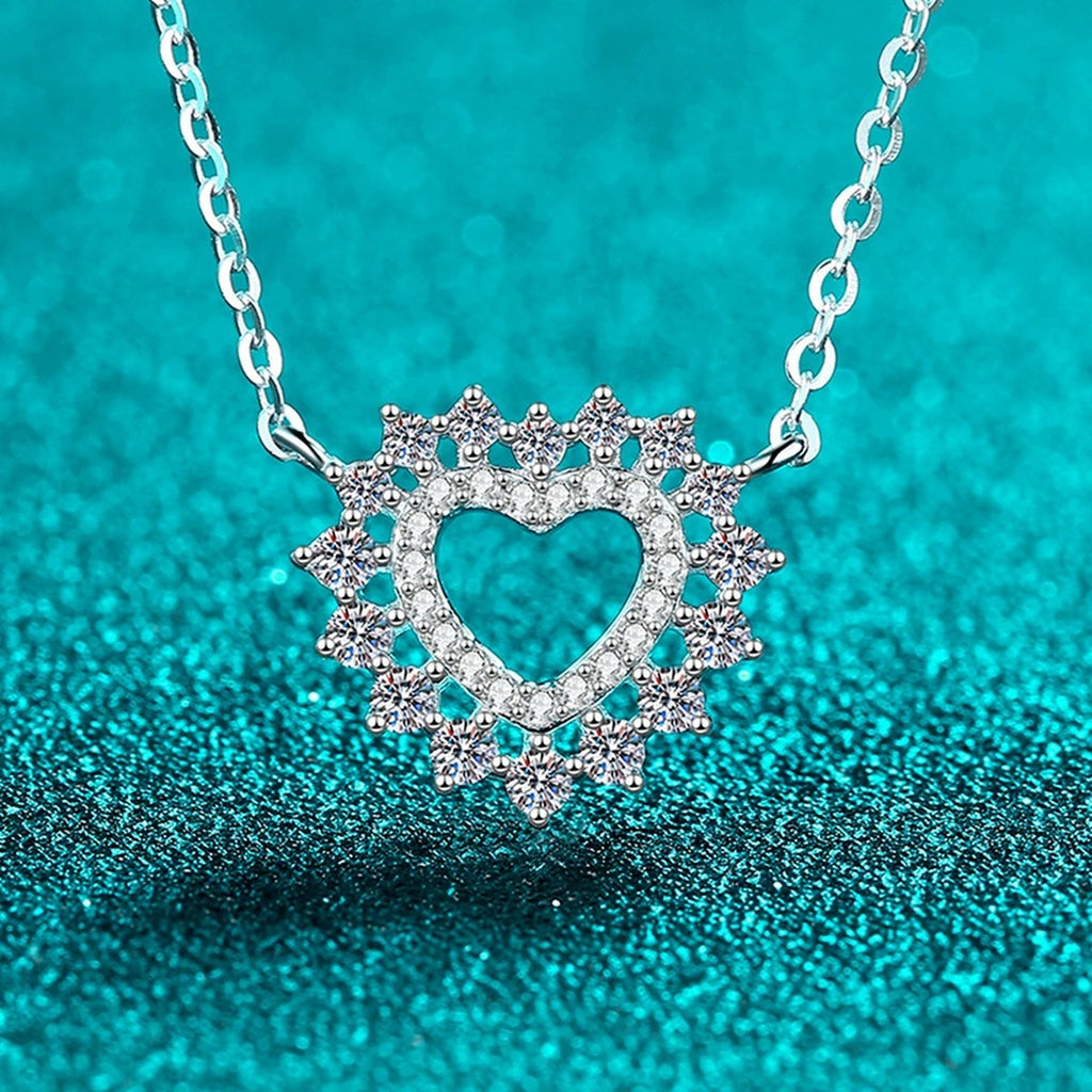 Heart Moissanite Pendant Necklace in Rhodium-Plated S925 sterling silver blue display scene showing chain and stone layout