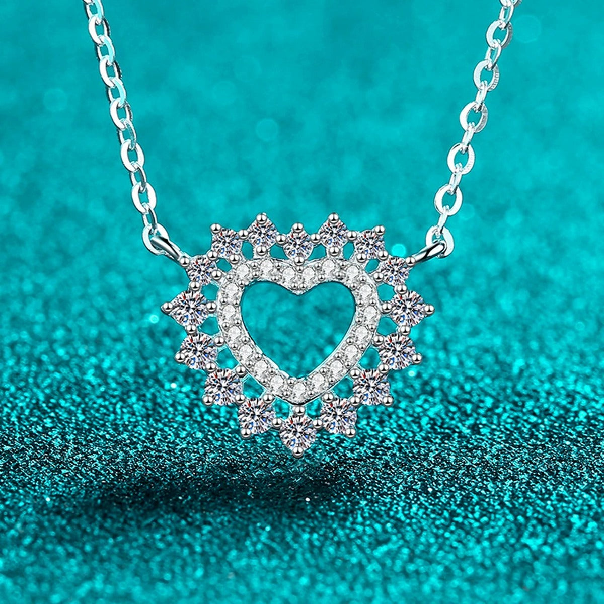 Heart Moissanite Pendant Necklace in Rhodium-Plated S925 sterling silver blue display scene showing chain and stone layout