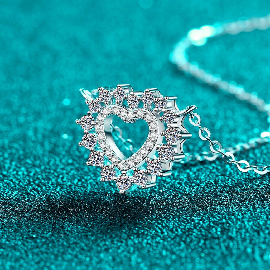Heart Moissanite Pendant Necklace in Rhodium-Plated S925 sterling silver angled product detail view