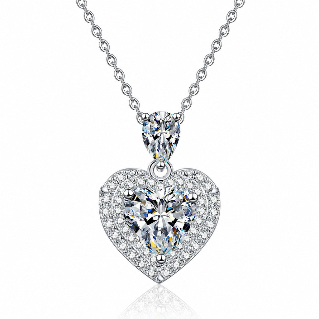 Pear and Heart Moissanite Pendant Necklace with CZ in Rhodium-Plated S925 sterling silver white background product photo showing two-stone pear and heart moissanite pendant with CZ accents