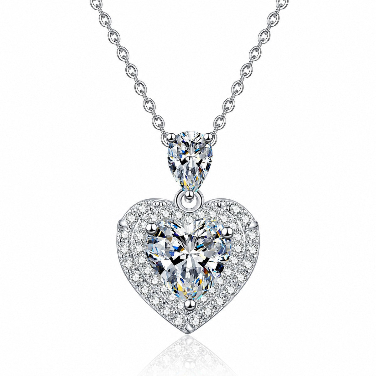 Pear and Heart Moissanite Pendant Necklace with CZ in Rhodium-Plated S925 sterling silver white background product photo showing two-stone pear and heart moissanite pendant with CZ accents