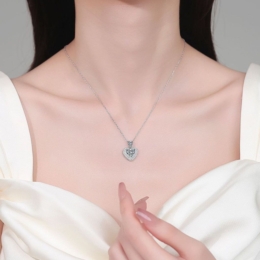 Pear and Heart Moissanite Pendant Necklace with CZ in Rhodium-Plated S925 sterling silver neckline model view showing pendant scale and adjustable chain