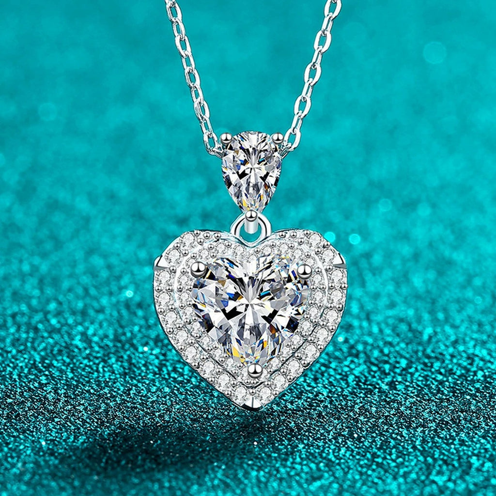 Pear and Heart Moissanite Pendant Necklace with CZ in Rhodium-Plated S925 sterling silver close-up product scene showing pendant setting