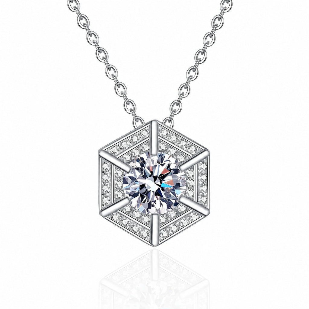 Geometric Hexagon Moissanite Pendant Necklace with CZ in Rhodium-Plated S925 sterling silver white background product photo showing geometric hexagon pendant with a round moissanite center and CZ accents