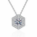Geometric Hexagon Moissanite Pendant Necklace with CZ in Rhodium-Plated S925 sterling silver white background product photo showing geometric hexagon pendant with a round moissanite center and CZ accents