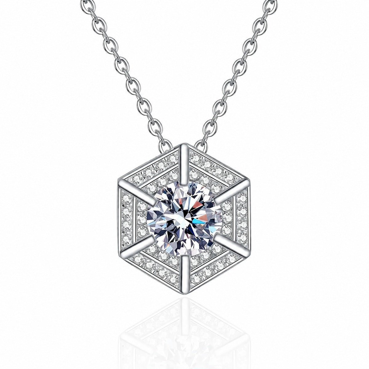 Geometric Hexagon Moissanite Pendant Necklace with CZ in Rhodium-Plated S925 sterling silver white background product photo showing geometric hexagon pendant with a round moissanite center and CZ accents