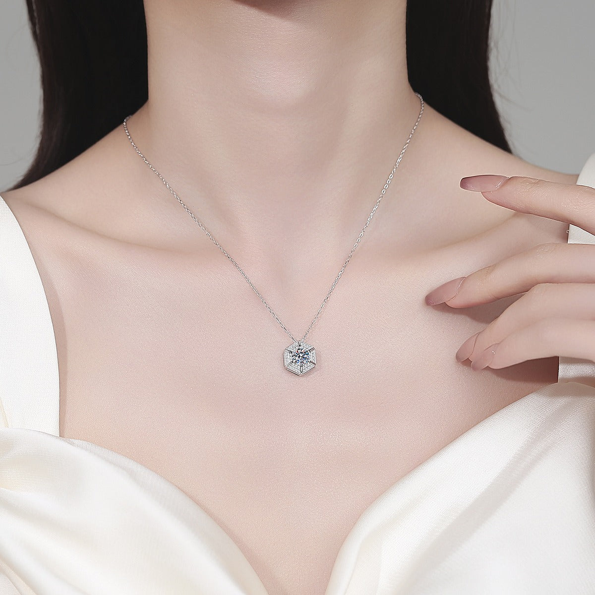 Geometric Hexagon Moissanite Pendant Necklace with CZ in Rhodium-Plated S925 sterling silver neckline model view showing pendant scale and adjustable chain