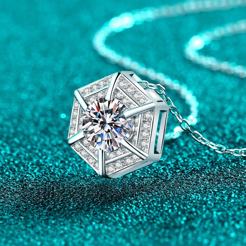 Geometric Hexagon Moissanite Pendant Necklace with CZ in Rhodium-Plated S925 sterling silver close-up product scene showing pendant setting