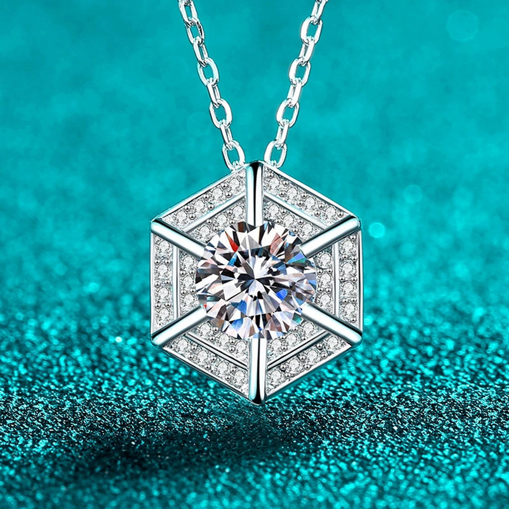 Geometric Hexagon Moissanite Pendant Necklace with CZ in Rhodium-Plated S925 sterling silver blue display scene showing chain and stone layout