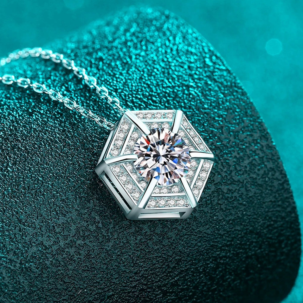 Geometric Hexagon Moissanite Pendant Necklace with CZ in Rhodium-Plated S925 sterling silver angled product detail view