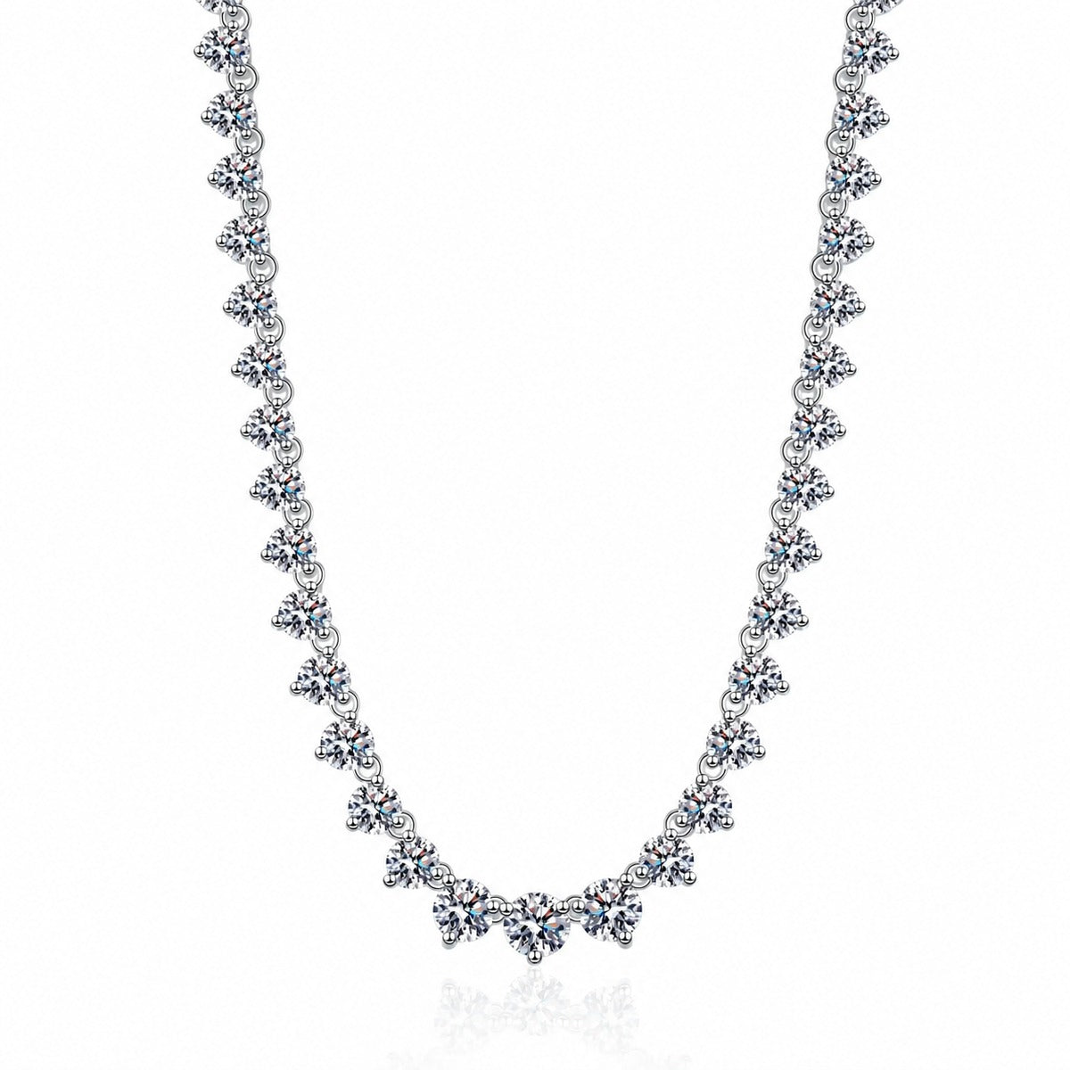 Tennis Moissanite Necklace in Rhodium-Plated S925 sterling silver white background product photo showing graduated tennis necklace with round moissanite stations across the neckline