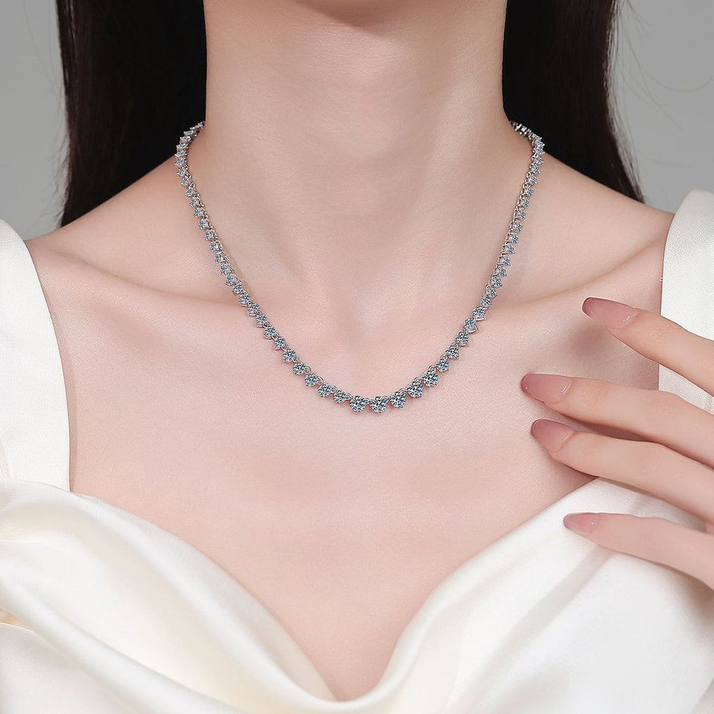 Tennis Moissanite Necklace in Rhodium-Plated S925 sterling silver neckline model view showing pendant scale and adjustable chain