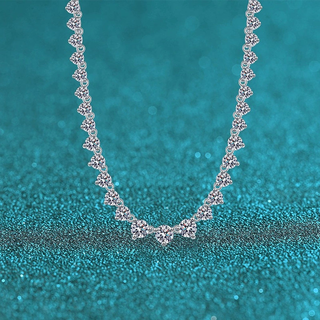 Tennis Moissanite Necklace in Rhodium-Plated S925 sterling silver blue display scene showing chain and stone layout