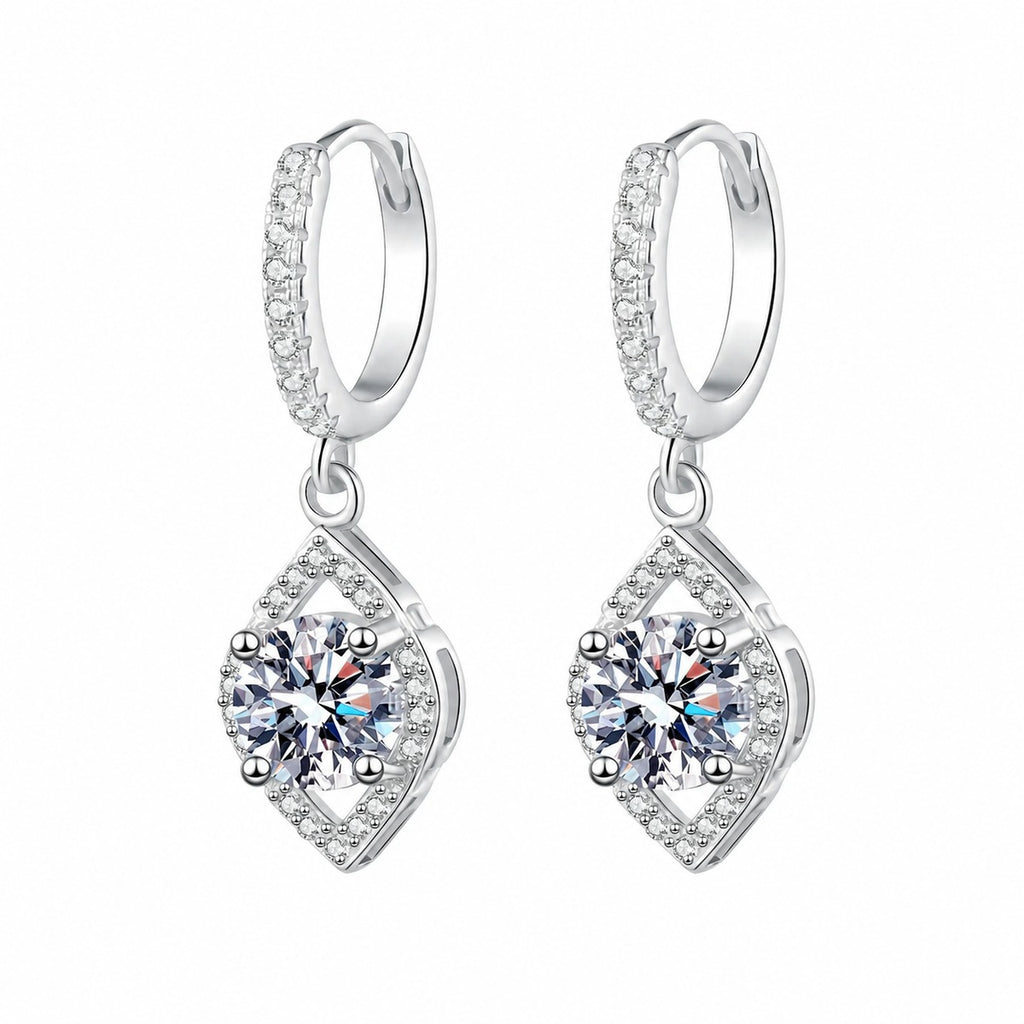 Round Halo Moissanite Hoop Dangle Earrings with CZ in Rhodium-Plated S925 sterling silver white background product photo showing the pair, stone shape, and hoop dangle earrings silhouette