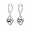 Round Halo Moissanite Hoop Dangle Earrings with CZ in Rhodium-Plated S925 sterling silver white background product photo showing the pair, stone shape, and hoop dangle earrings silhouette