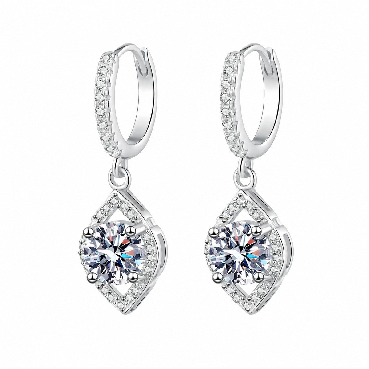 Round Halo Moissanite Hoop Dangle Earrings with CZ in Rhodium-Plated S925 sterling silver white background product photo showing the pair, stone shape, and hoop dangle earrings silhouette