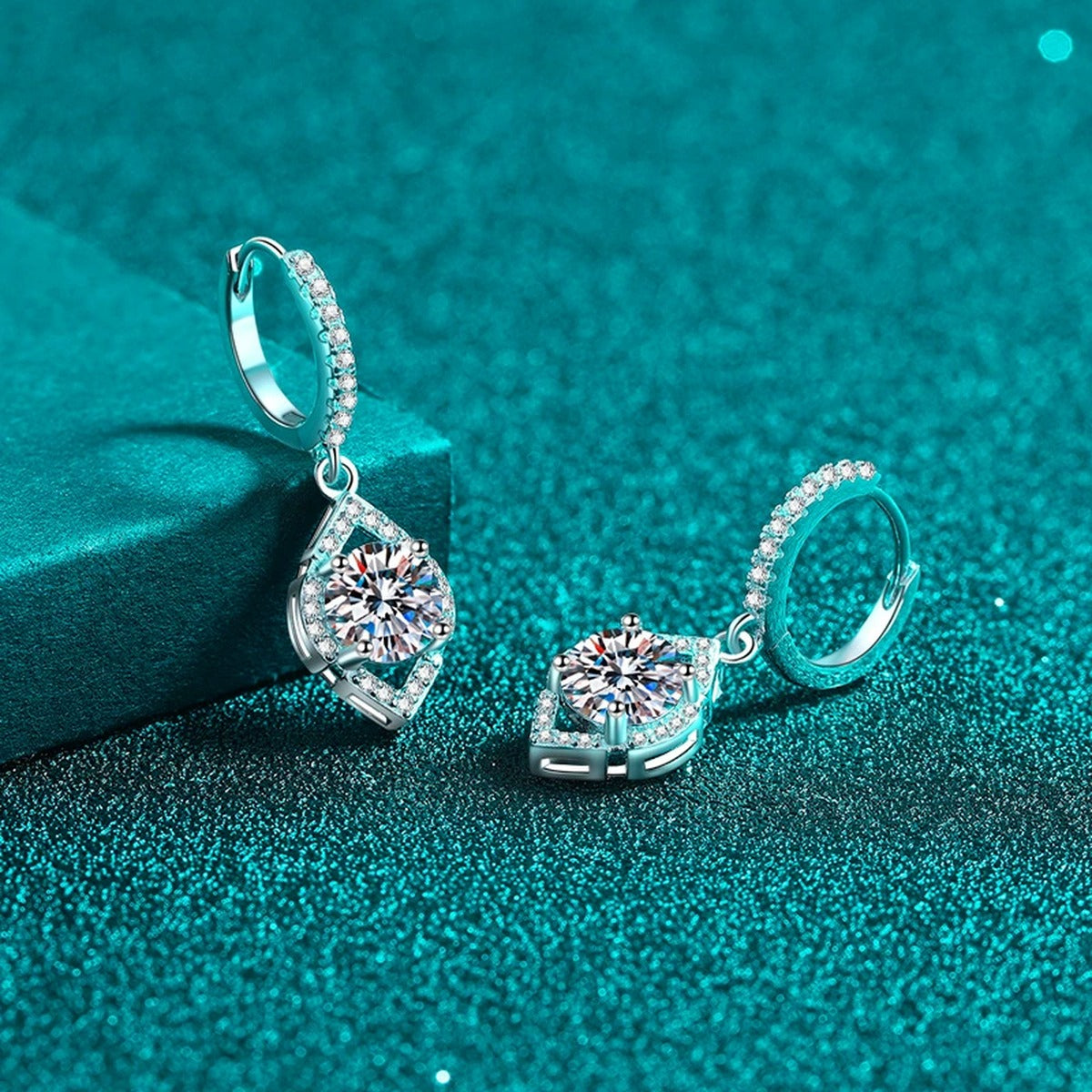 Round Halo Moissanite Hoop Dangle Earrings with CZ in Rhodium-Plated S925 sterling silver product scene view showing front sparkle