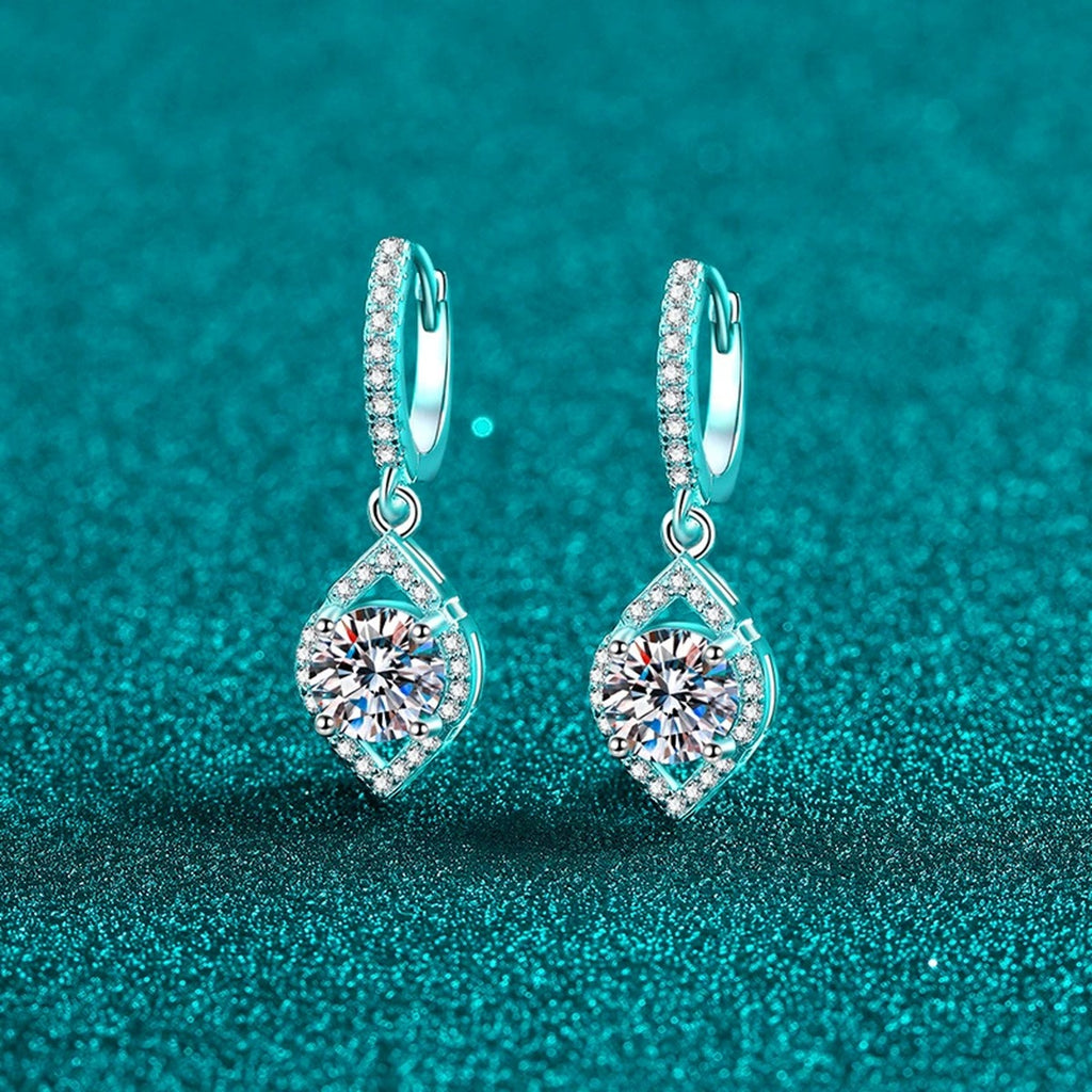 Round Halo Moissanite Hoop Dangle Earrings with CZ in Rhodium-Plated S925 sterling silver product scene view showing angled setting detail