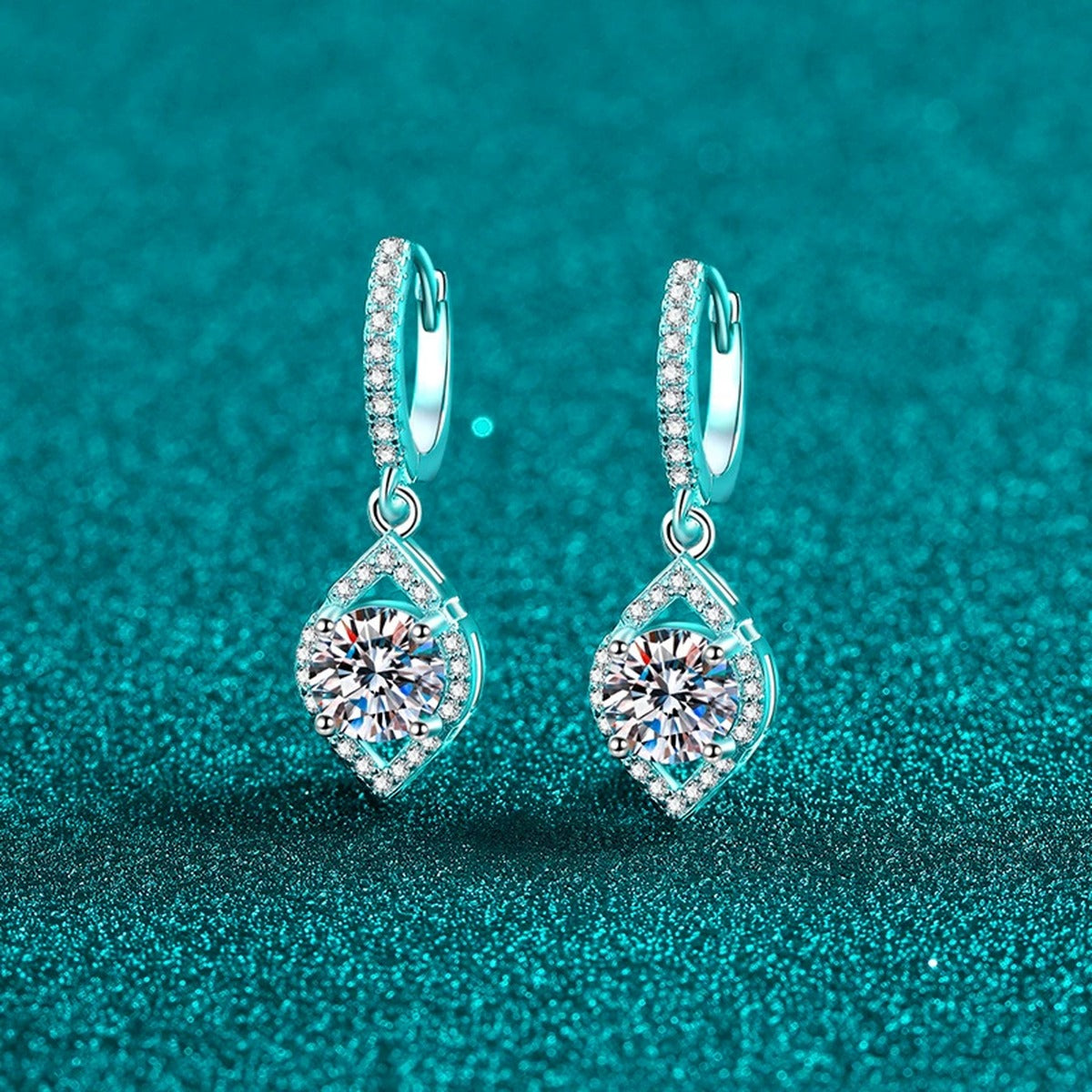 Round Halo Moissanite Hoop Dangle Earrings with CZ in Rhodium-Plated S925 sterling silver product scene view showing angled setting detail