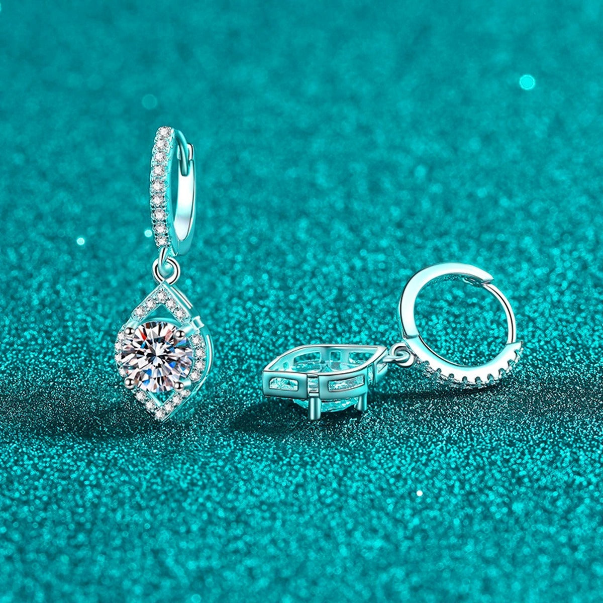 Round Halo Moissanite Hoop Dangle Earrings with CZ in Rhodium-Plated S925 sterling silver product scene view showing side profile