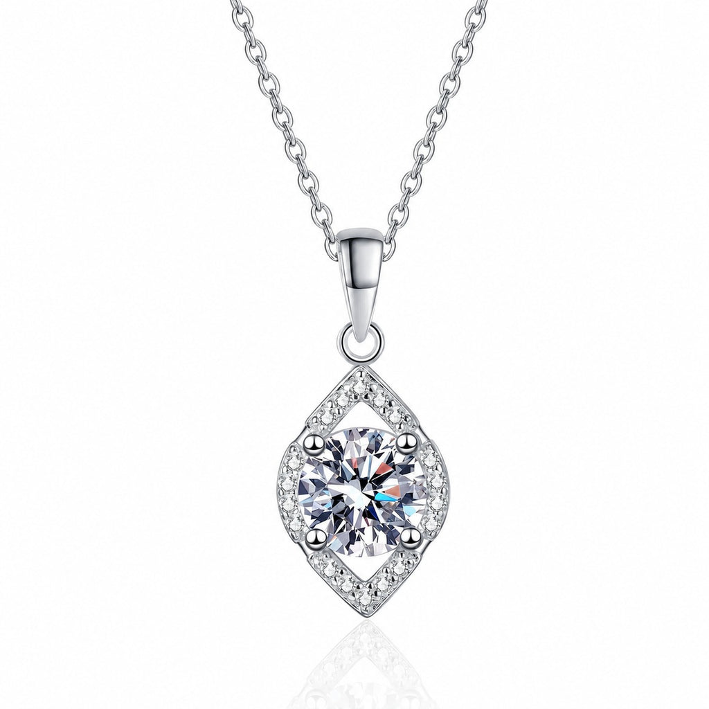 Teardrop Moissanite Pendant Necklace with CZ in Rhodium-Plated S925 sterling silver white background product photo showing teardrop pendant with a round moissanite center and CZ detail