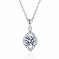 Teardrop Moissanite Pendant Necklace with CZ in Rhodium-Plated S925 sterling silver white background product photo showing teardrop pendant with a round moissanite center and CZ detail