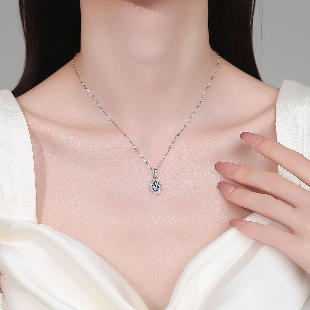 Teardrop Moissanite Pendant Necklace with CZ in Rhodium-Plated S925 sterling silver neckline model view showing pendant scale and adjustable chain