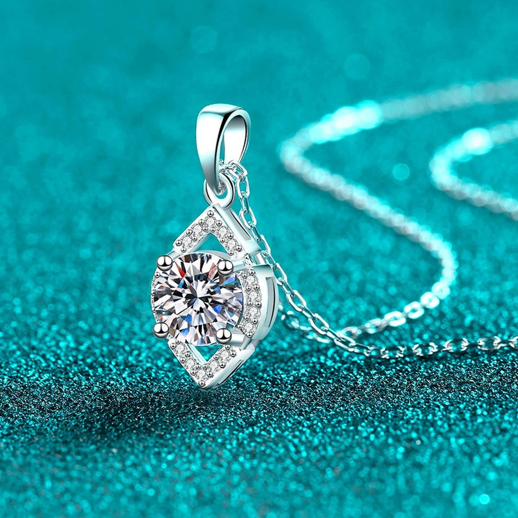 Teardrop Moissanite Pendant Necklace with CZ in Rhodium-Plated S925 sterling silver close-up product scene showing pendant setting